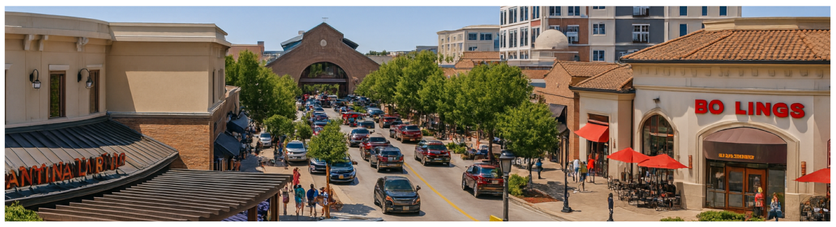 a commercial area featuring storefronts and traffic
