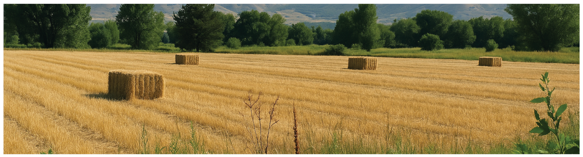 a field with baled hay