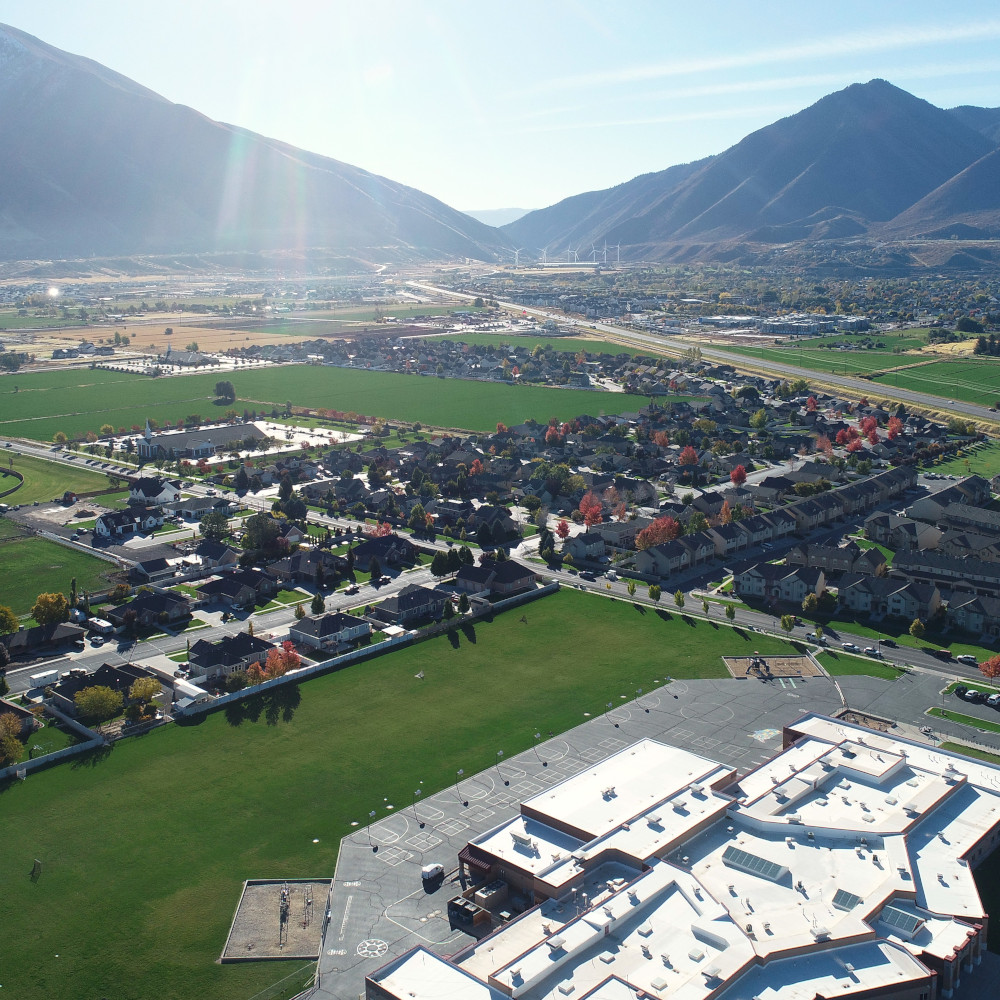 Neighborhoods of Spanish Fork from the view of a drone